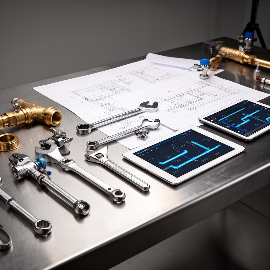 Professional plumbing tools with technical blueprints